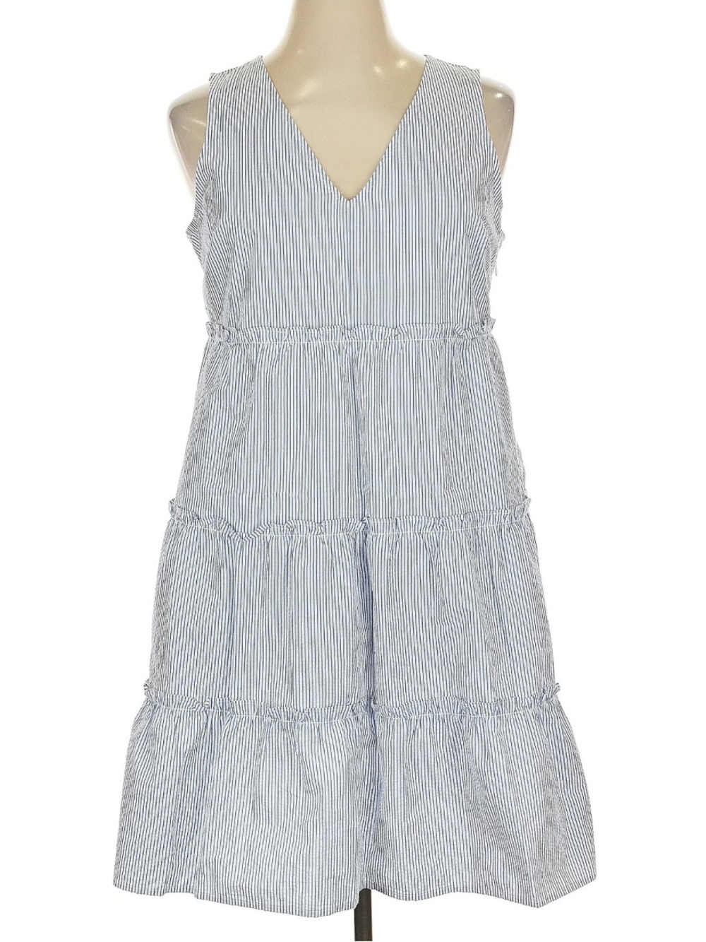 J. Crew Light Blue Stripe Sleeveless V-Neck Tiered Dress